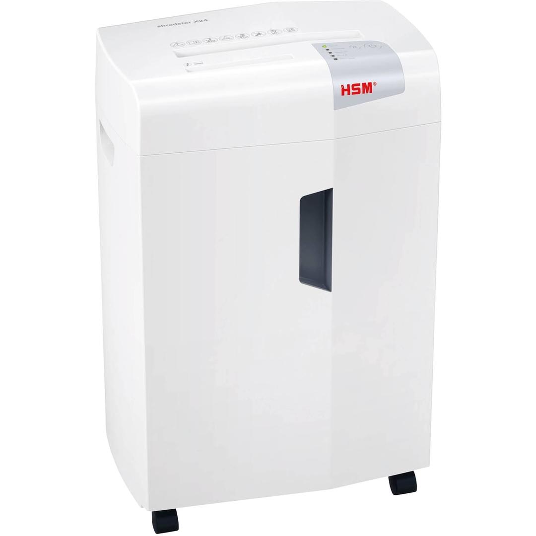 Destructeur de documents coupe croisée P-4 shredstar X24 HSM - Destructeur de documents HSM shredstar X24 vu de trois quarts, sur ses roulettes