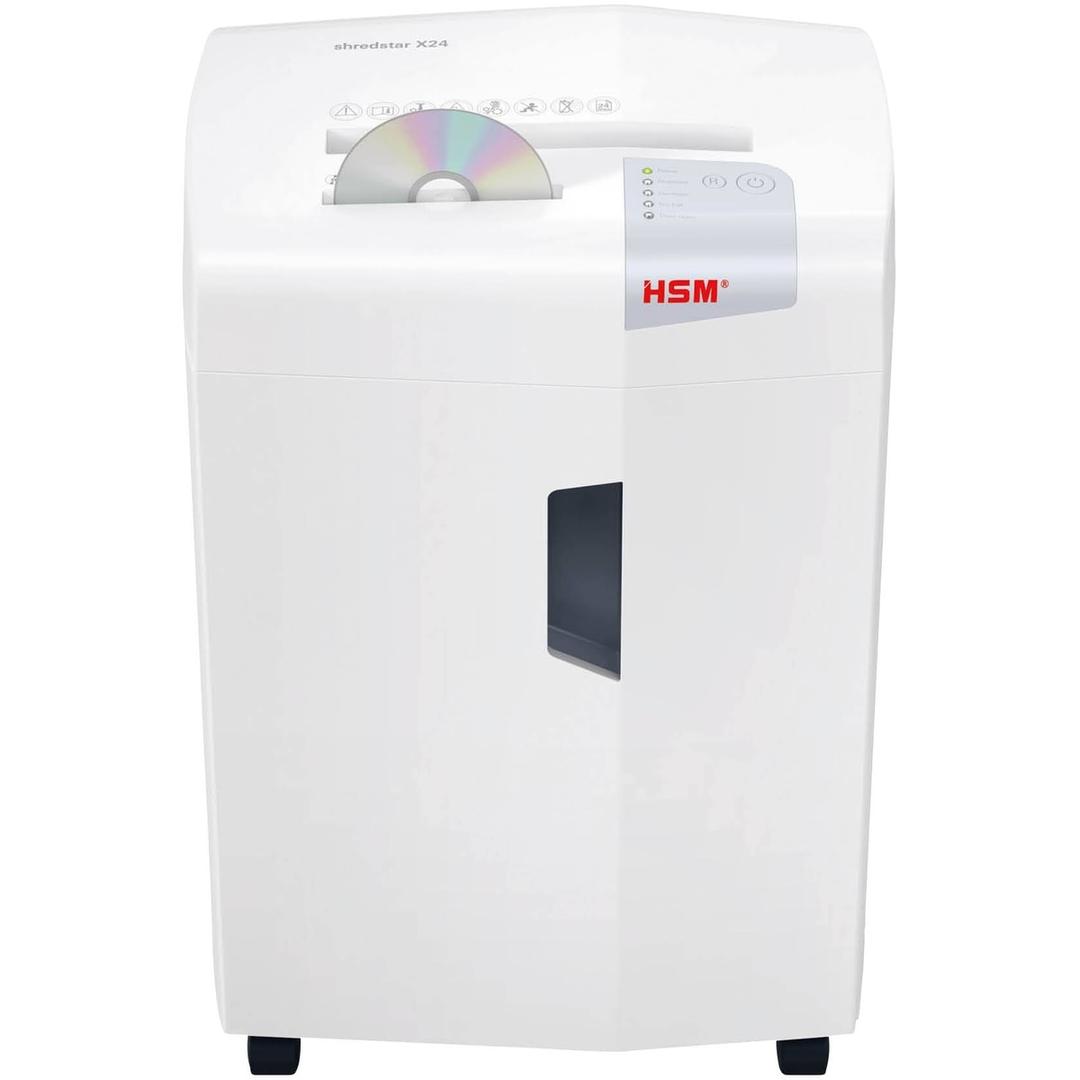 Destructeur de documents coupe croisée P-4 shredstar X24 HSM - CD engagé dans la fente séparée pour CD et cartes du destructeur HSM shredstar X24
