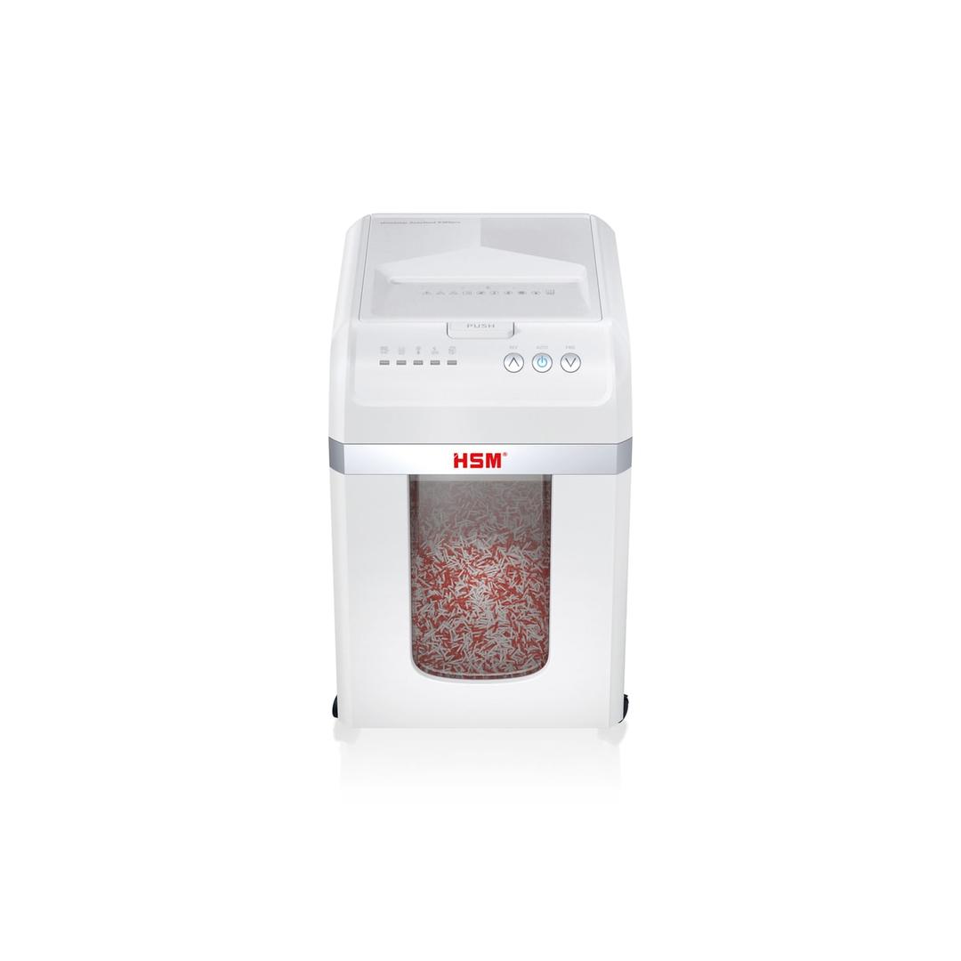 Destructeur de documents à alimentation automatique P-4 shredstar Autofeed X300 HSM — Destructeur de documents très confidentiels Hsm Shredstar Autofeed X300pro - 2 x 10 mm - Coupe micro-particules - P5 -Vue de de face - Collecteur rempli de particules 2 x 10 mm