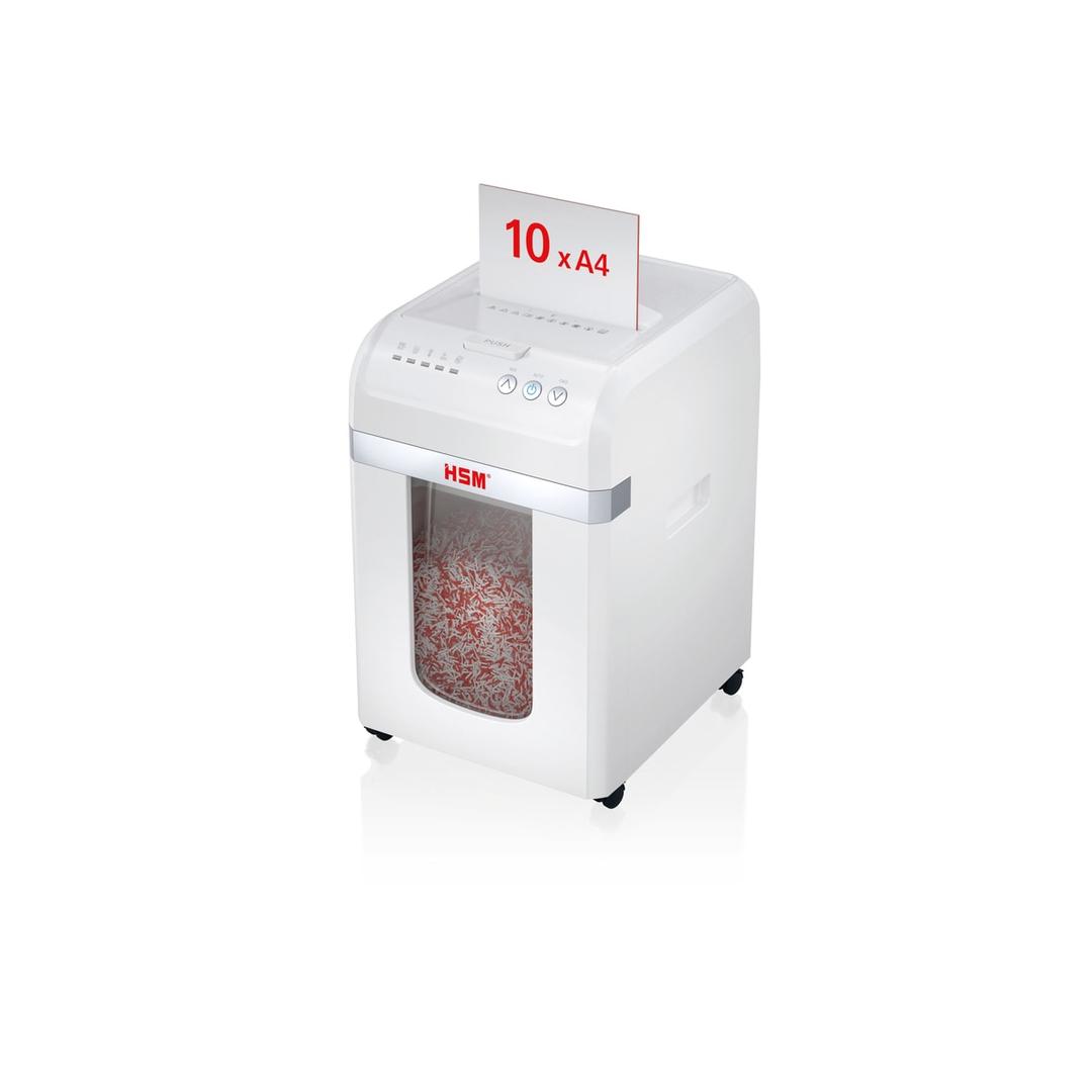 Destructeur de documents à alimentation automatique P-5 shredstar Autofeed X200pro HSM — Destructeur de documents très confidentiels Hsm Shredstar Autofeed X200pro - 2 x 10 mm - Coupe micro-particules - P5 -Vue de trois quarts - Insertion manuelle d'une liasse de 10 feuilles A4