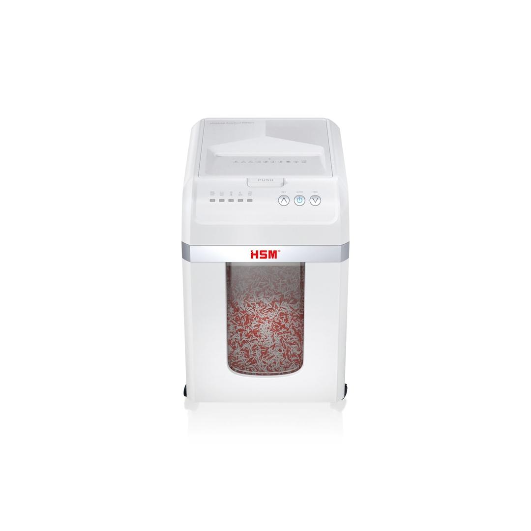 Destructeur de documents à alimentation automatique P-5 shredstar Autofeed X200pro HSM — Destructeur de documents très confidentiels Hsm Shredstar Autofeed X200pro - 2 x 10 mm - Coupe micro-particules - P5 -Vue de face - Collecteur rempli de particules 2 x 10 mm