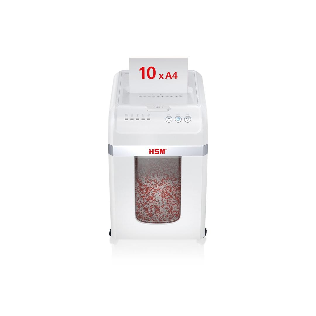 Destructeur de documents à alimentation automatique P-5 shredstar Autofeed X200pro HSM — Destructeur de documents très confidentiels Hsm Shredstar Autofeed X200pro - 2 x 10 mm - Coupe micro-particules - P5 -Vue de face - Feuilles A4 engagées dans la fente manuelle