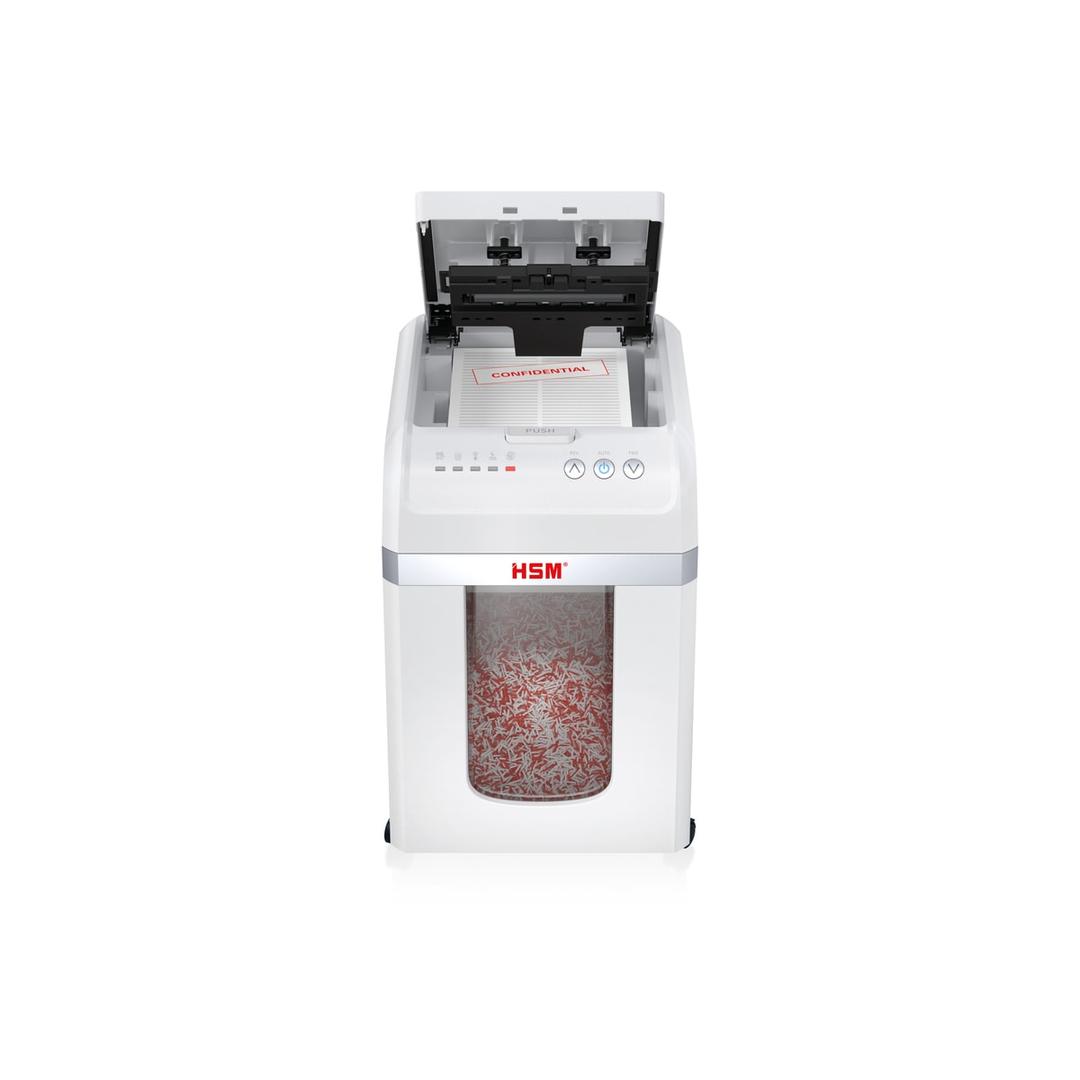 Destructeur de documents à alimentation automatique P-5 shredstar Autofeed X300pro HSM — Destructeur de documents très confidentiels Hsm Shredstar Autofeed X300pro - 2 x 10 mm - Coupe micro-particules - P5 - Capot d'alimentation ouvert sur une pile de documents confidentiels