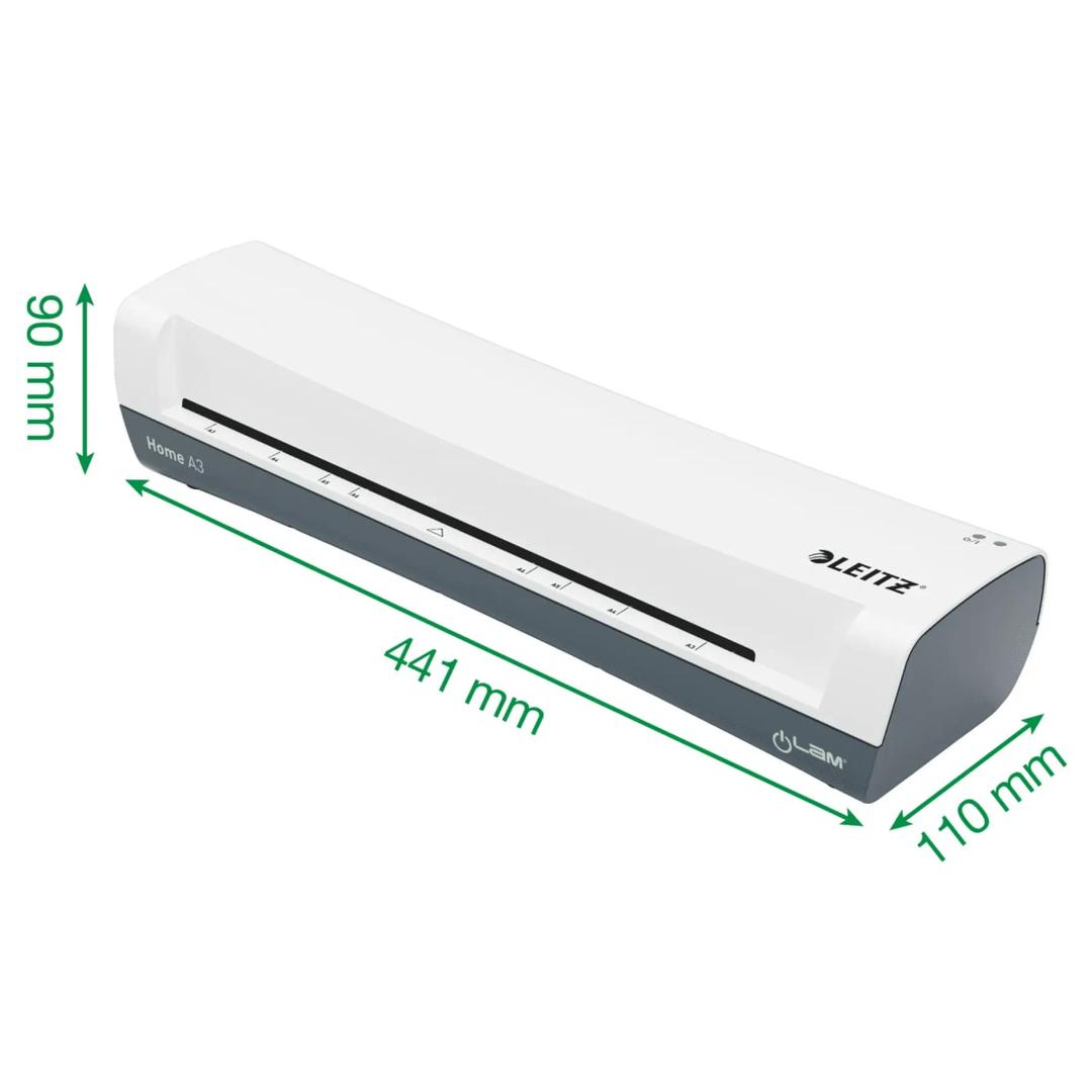 Cotes de la plastifieuse à pochettes Leitz iLAM Home A3 : 441 mm de large, 110 mm de profondeur, 90 mm de haut