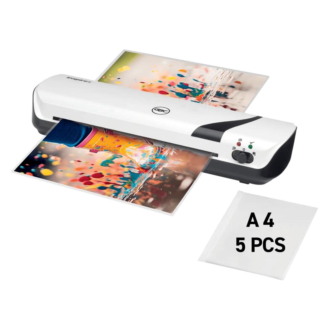Plastifieuse à pochettes GBC Inspire+ A4 blanche avec son pack de 5 pochettes A4