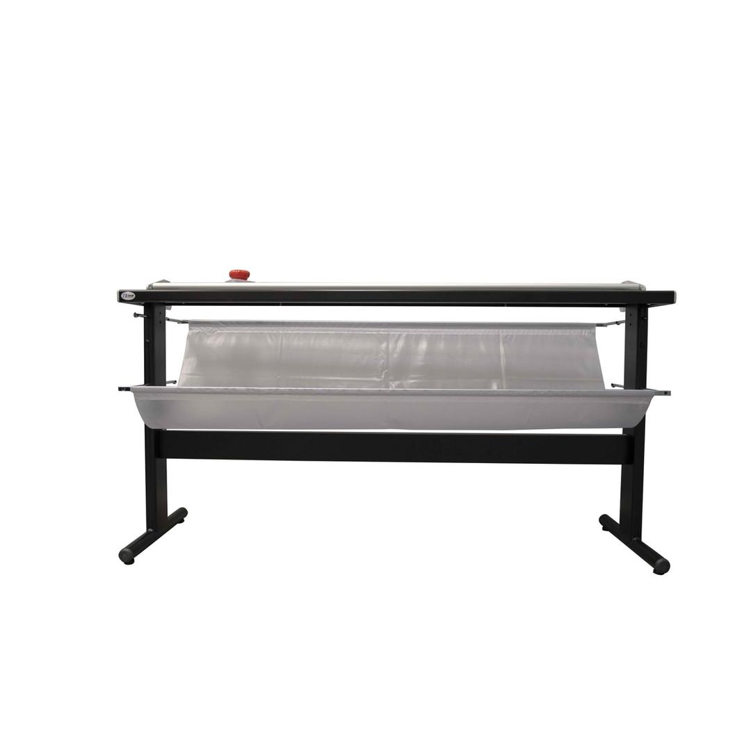 Coupeuse de plans manuelle A0+, jusqu'à 1,2 mm Manual Trim Plus 200 NEOLT - Coupeuse de plans NEOLT Manual Trim Plus 200 vue de face, bâche de récupération des chutes tendue sous la table