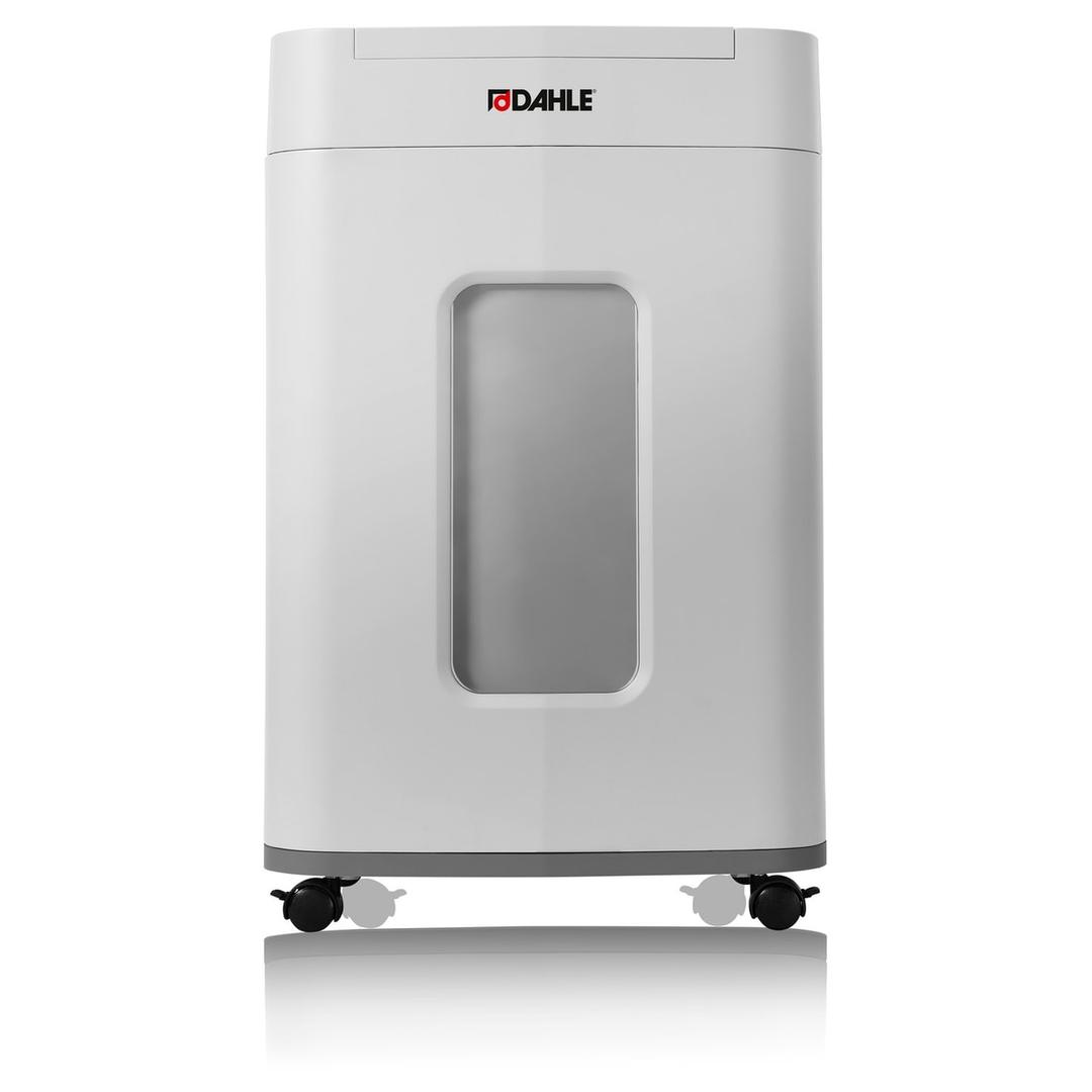 Destructeur coupe croisée P4 avec insertion papier automatique ShredMATIC 150 4 x 12 mm DAHLE — Destructeur Dahle ShredMATIC 150 vu de face, avec fenêtre de contrôle du niveau de remplissage et roulettes