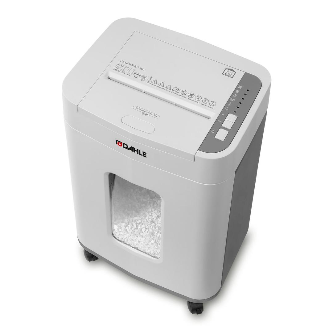 Destructeur coupe croisée P4 avec insertion papier automatique ShredMATIC 150 4 x 12 mm DAHLE — Destructeur Dahle ShredMATIC 150 en coupe croisée 4 x 12 mm, particules visibles dans le bac de 24 L par la fenêtre