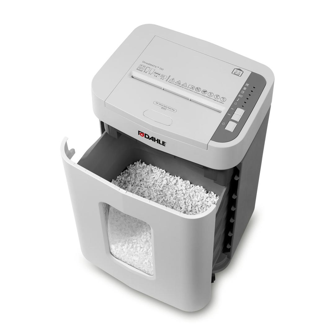 Destructeur coupe croisée P4 avec insertion papier automatique ShredMATIC 150 4 x 12 mm DAHLE — Destructeur Dahle ShredMATIC 150, bac de réception amovible de 24 L ouvert