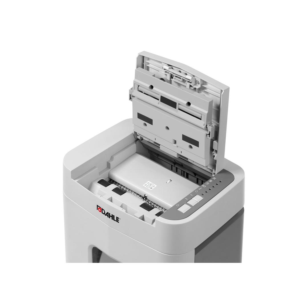 Destructeur coupe croisée P4 avec insertion papier automatique ShredMATIC 150 4 x 12 mm DAHLE — Capot ouvert du Dahle ShredMATIC 150 : bac d'alimentation automatique pour une pile de 150 feuilles