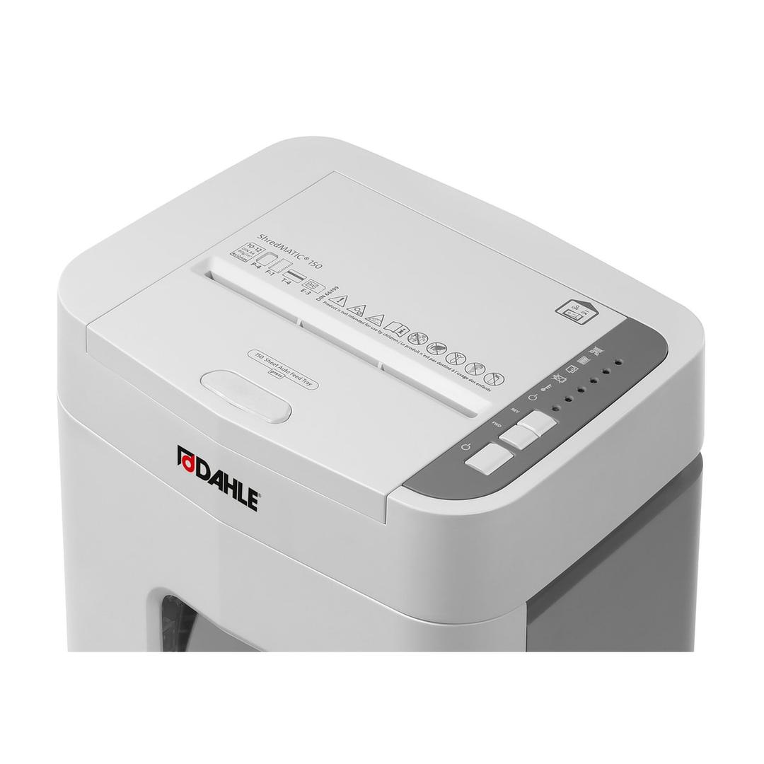 Destructeur coupe croisée P4 avec insertion papier automatique ShredMATIC 150 4 x 12 mm DAHLE — Dessus du Dahle ShredMATIC 150 : fente d'insertion manuelle de 220 mm et tableau de commande