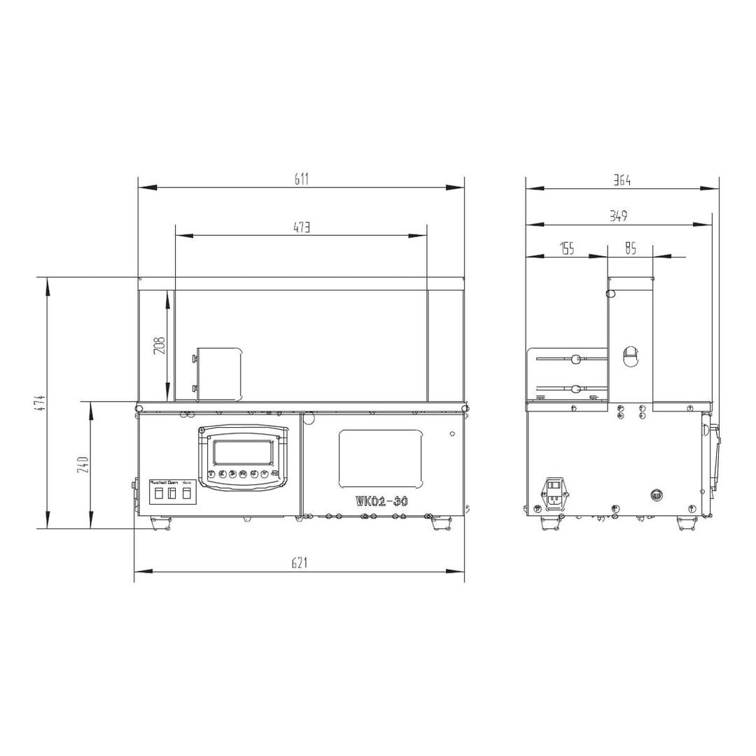 Banderoleuse de table, paquets jusqu'à 460 mm WK02-30 SUNPACK - Schéma coté de la banderoleuse SUNPACK WK02-30, dimensions de la machine et de l'arche