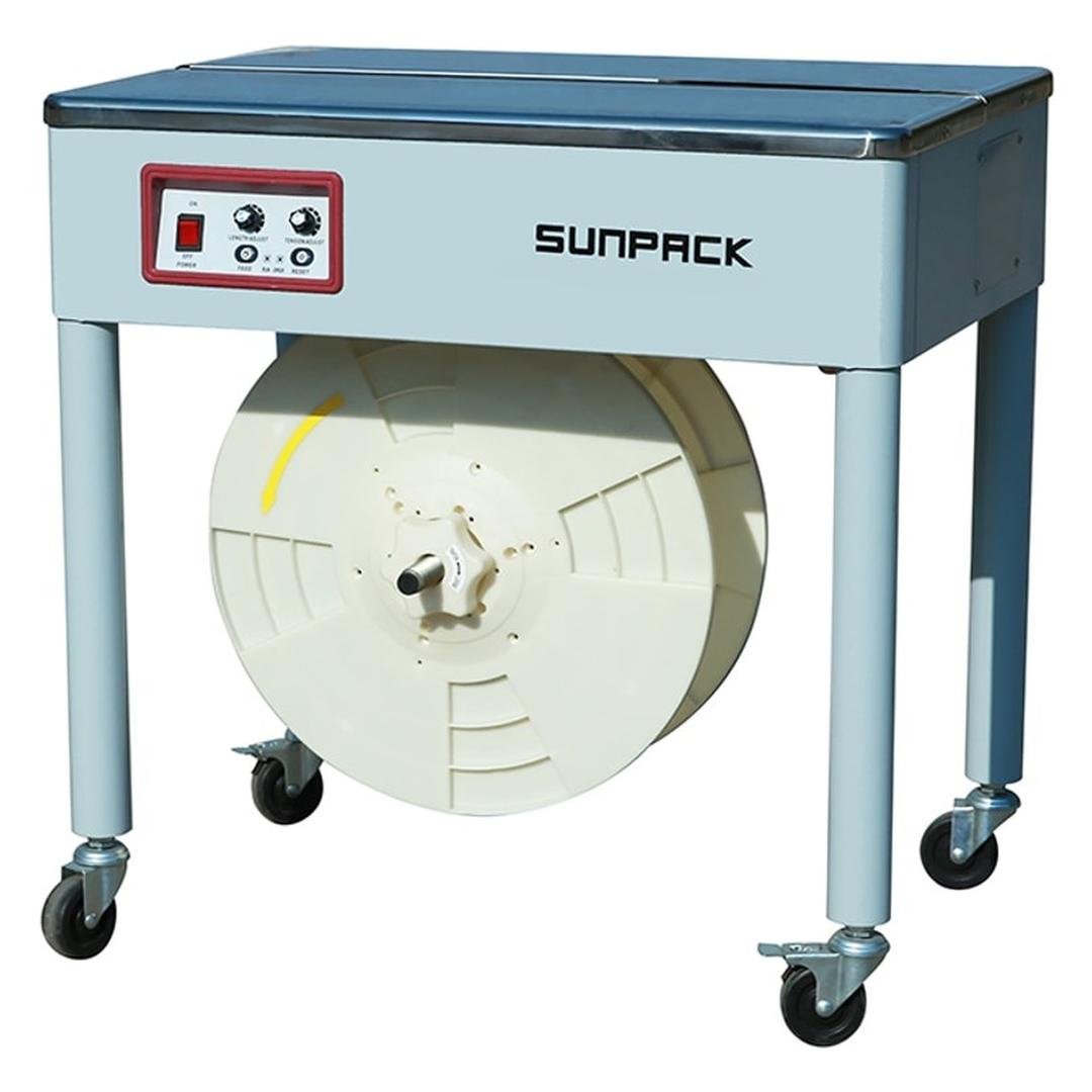 Cercleuse semi-automatique, feuillard 5 à 15,5 mm TD88A SUNPACK - Cercleuse semi-automatique SUNPACK TD88A sur roulettes, bobine de feuillard sous la table