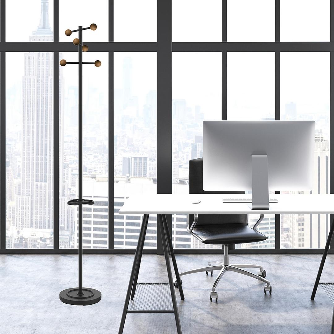 Portemanteau sur pied, 6 patères WELCOME noir et bois UNILUX - Portemanteau sur pied UNILUX WELCOME noir et bois, en situation dans un bureau