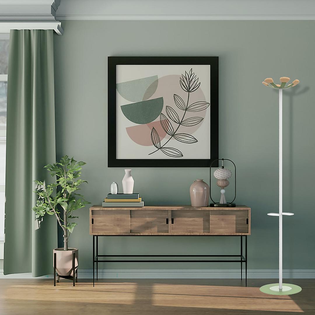 Portemanteau sur pied, 6 patères en hêtre AURORA blanc et vert lichen UNILUX - Portemanteau sur pied UNILUX AURORA blanc et vert lichen, en situation dans une entrée