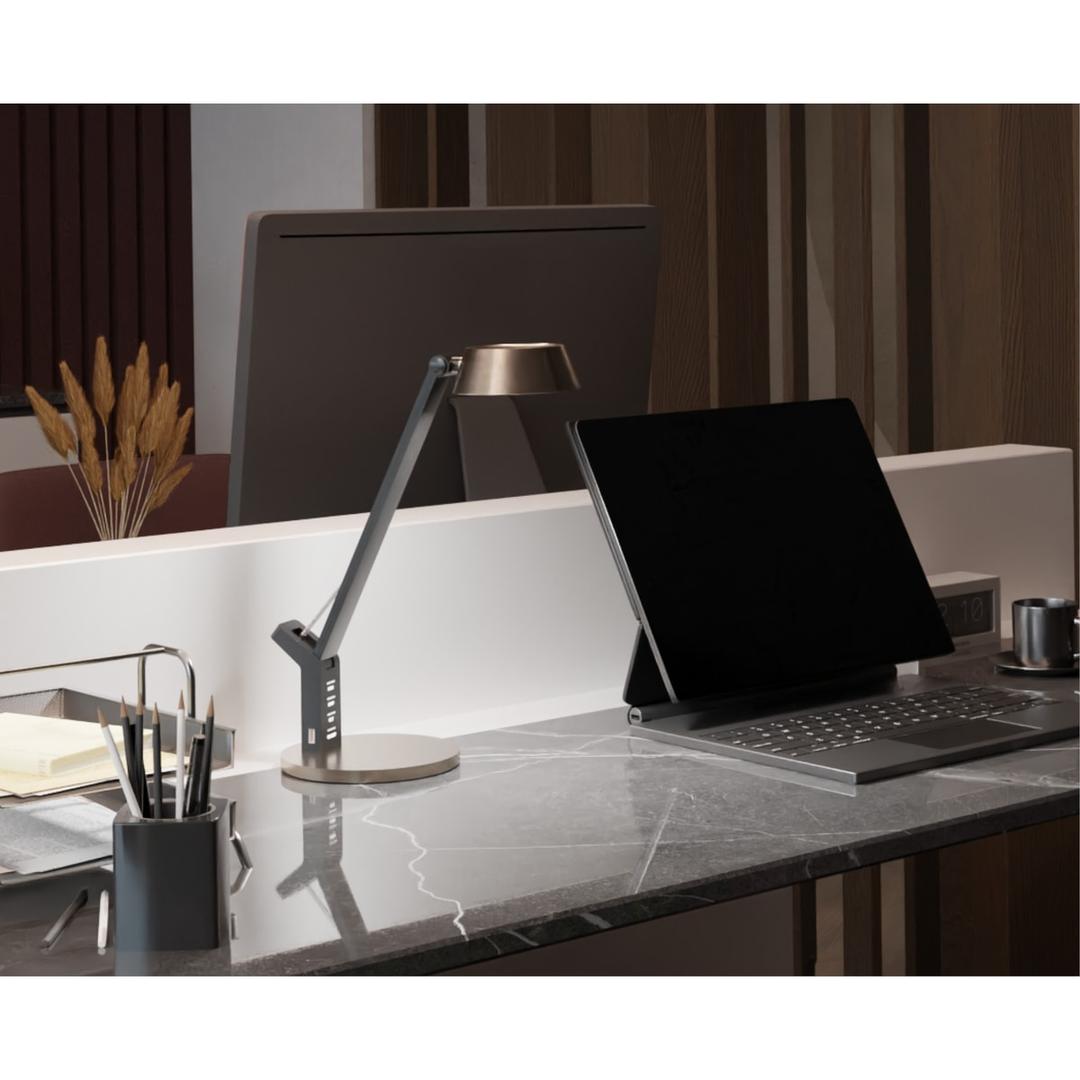 Lampe de bureau LED, port USB Glow HANSA - Lampe de bureau Hansa Glow cuivre, sur un poste de travail