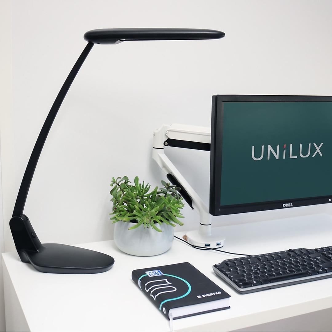 Lampe de bureau LED, double articulation BRIO 2.0 UNILUX - Lampe de bureau LED UNILUX BRIO 2.0 noir, en situation sur un bureau