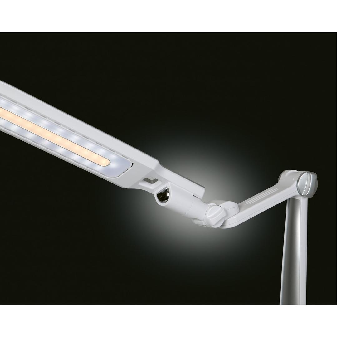 Lampe de bureau LED, pied et pince Multiflex HANSA - Lampe de bureau Hansa Multiflex, tête allumée et articulation