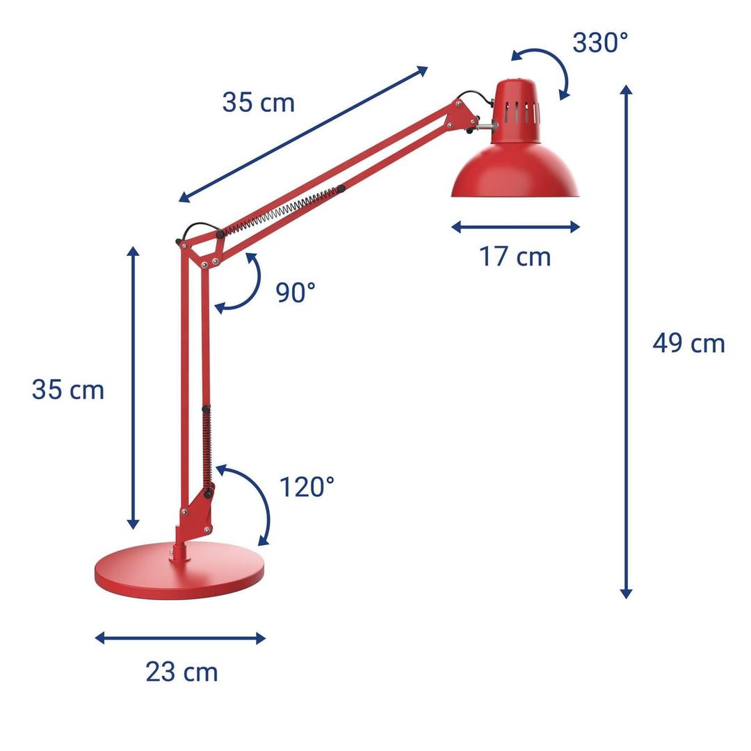 Lampe de bureau sur pied, ampoule LED fournie study LED sur pied rouge MAUL - Lampe de bureau sur pied MAULstudy LED rouge, dimensions