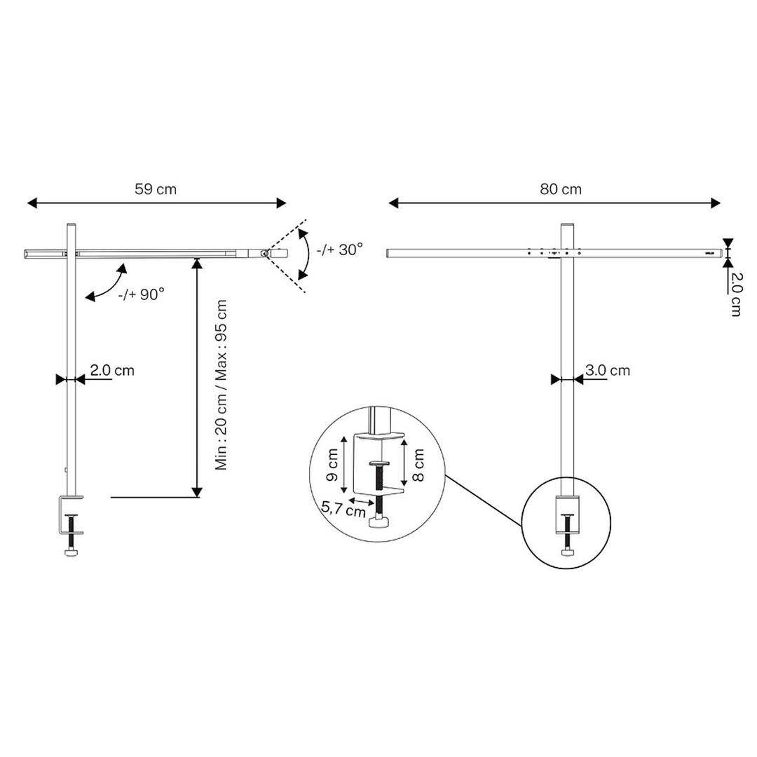Lampe de bureau LED à pince, luminothérapie ELITE LUMINO UNILUX - Lampe de bureau LED à pince UNILUX ELITE LUMINO noir, dimensions
