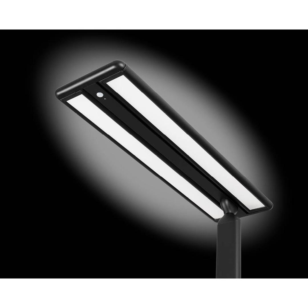 Lampadaire LED de bureau, 2 têtes Larimar noir HANSA - Lampadaire Hansa Larimar noir, têtes allumées