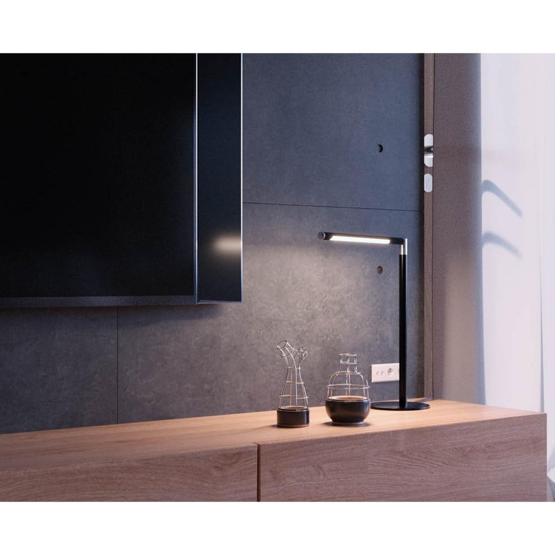 Lampe de bureau LED, IRC supérieur à 90 Aura noir HANSA - Lampe de bureau Hansa Aura noir, sur un meuble, le soir