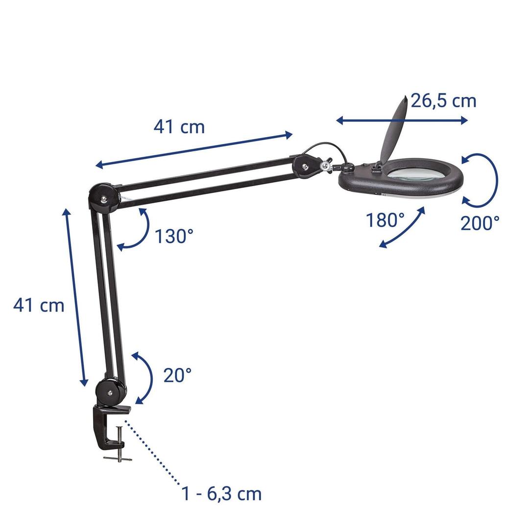 Lampe loupe LED à pince, 3 dioptries viso noir MAUL - Lampe loupe LED à pince MAULviso noir, dimensions