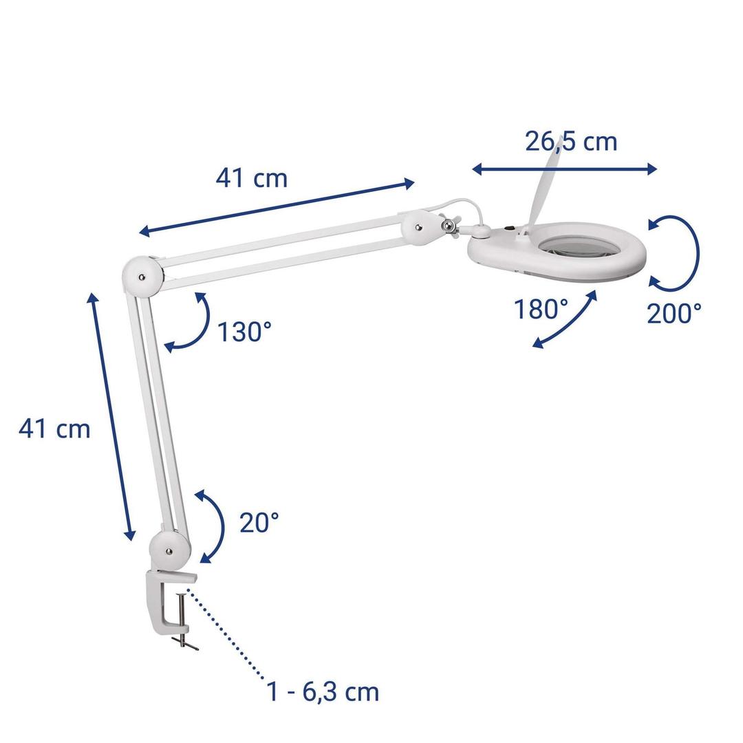 Lampe loupe LED à pince, 3 dioptries viso blanc MAUL - Lampe loupe LED à pince MAULviso blanc, dimensions