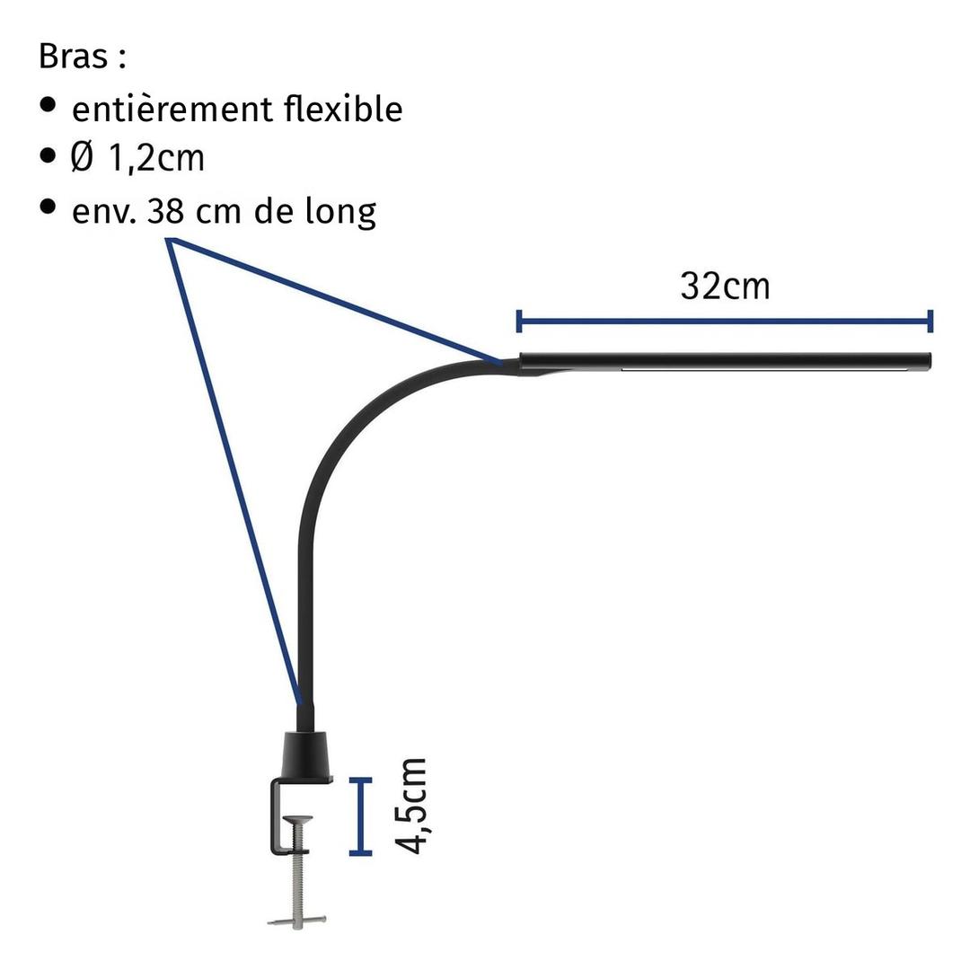 Lampe de bureau LED à pince, 4 niveaux pirro noir MAUL - Lampe de bureau LED à pince MAULpirro noir, bras flexible et dimensions