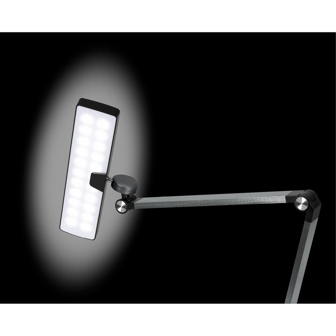 Lampe de bureau LED, double bras Nimbus noir HANSA - Lampe de bureau Hansa Nimbus noir, tête allumée