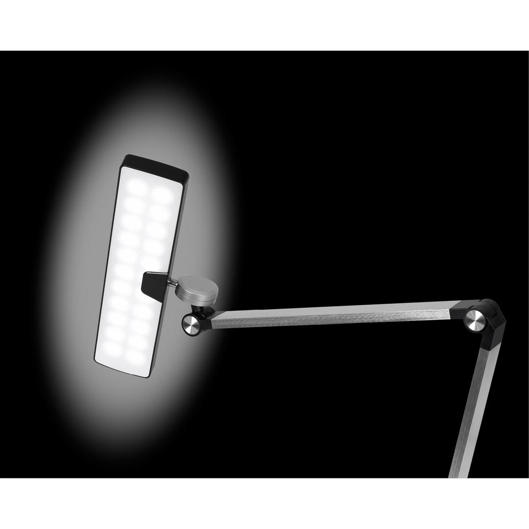 Lampe de bureau LED, double bras Nimbus argent HANSA - Lampe de bureau Hansa Nimbus argent, tête allumée