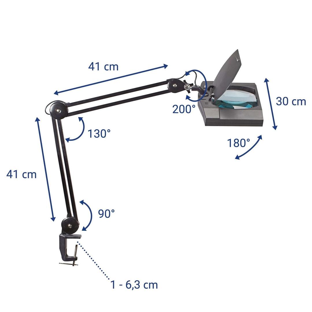 Lampe loupe LED à pince, grande lentille 307 cm² vitrum noir MAUL - Lampe loupe LED à pince MAULvitrum noir, dimensions