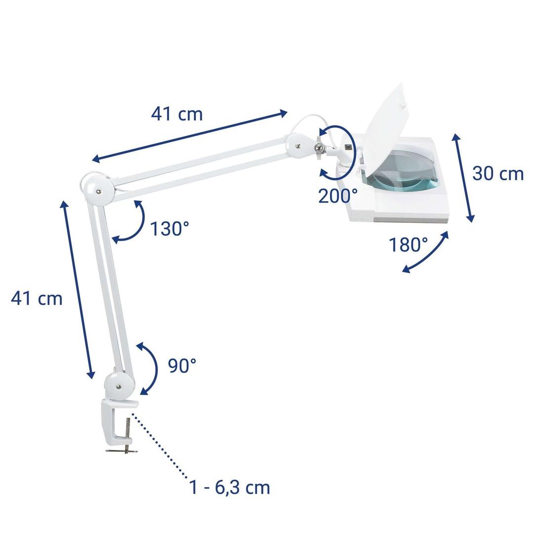 Lampe loupe LED à pince, grande lentille 307 cm² vitrum blanc MAUL - Lampe loupe LED à pince MAULvitrum blanc, dimensions