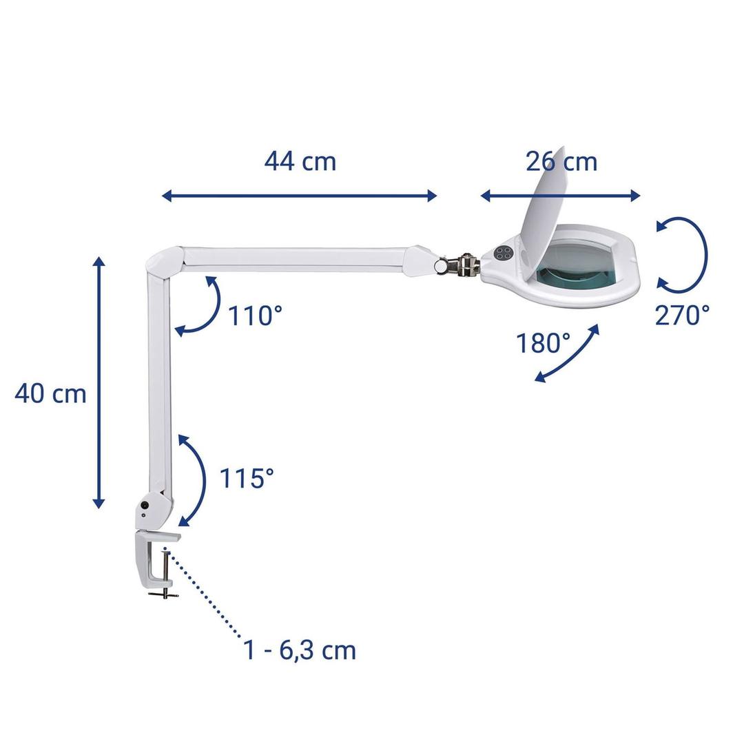 Lampe loupe LED dimmable à pince, lentille 234 cm² crystal blanc MAUL - Lampe loupe LED à pince MAULcrystal blanc, dimensions
