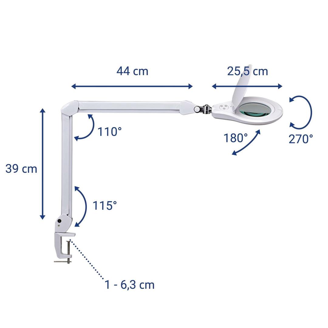 Lampe loupe LED dimmable à pince, 3 dioptries source blanc MAUL - Lampe loupe LED à pince MAULsource blanc, dimensions