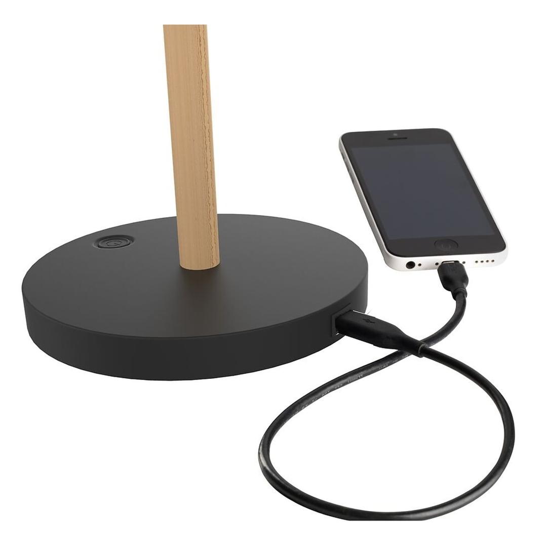 Lampe de bureau LED, port USB-C VICKY UNILUX - Lampe de bureau LED UNILUX VICKY noir et hêtre, recharge d'un téléphone par le port USB-C