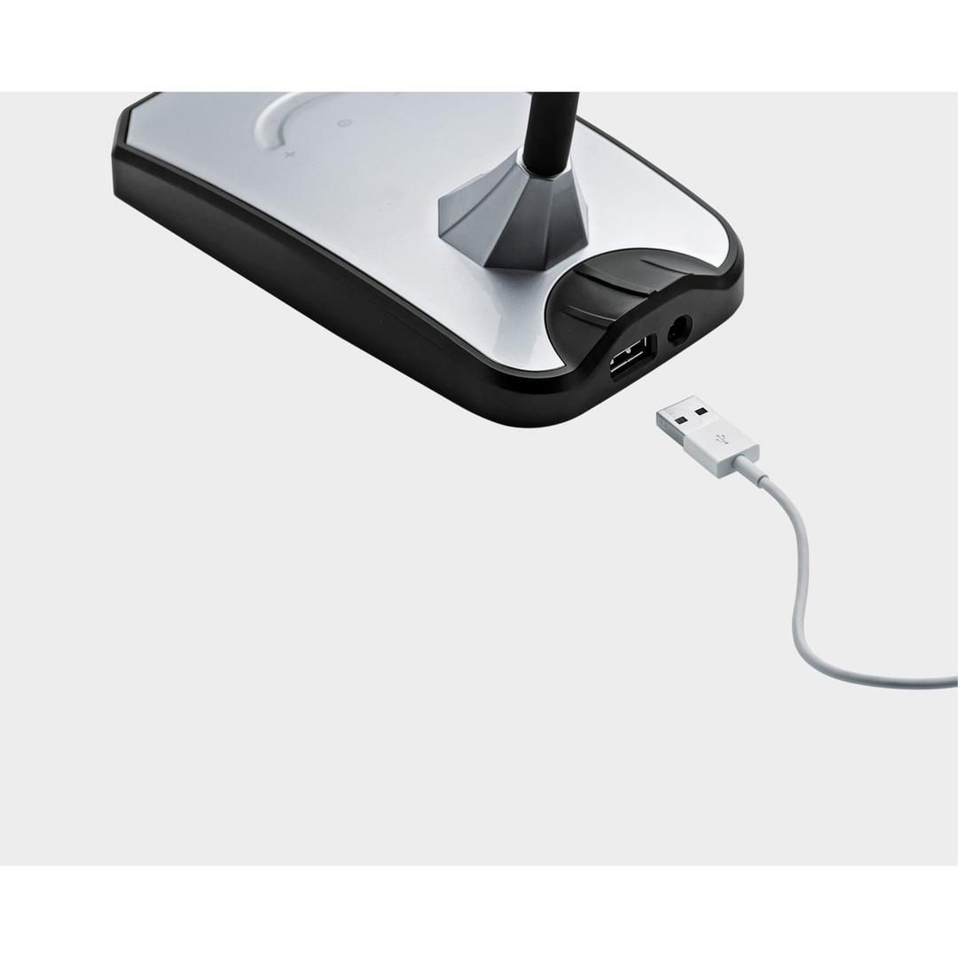 Lampe de bureau LED, col de cygne et port USB Twist argent HANSA - Lampe de bureau Hansa Twist argent, port USB à l'arrière du pied