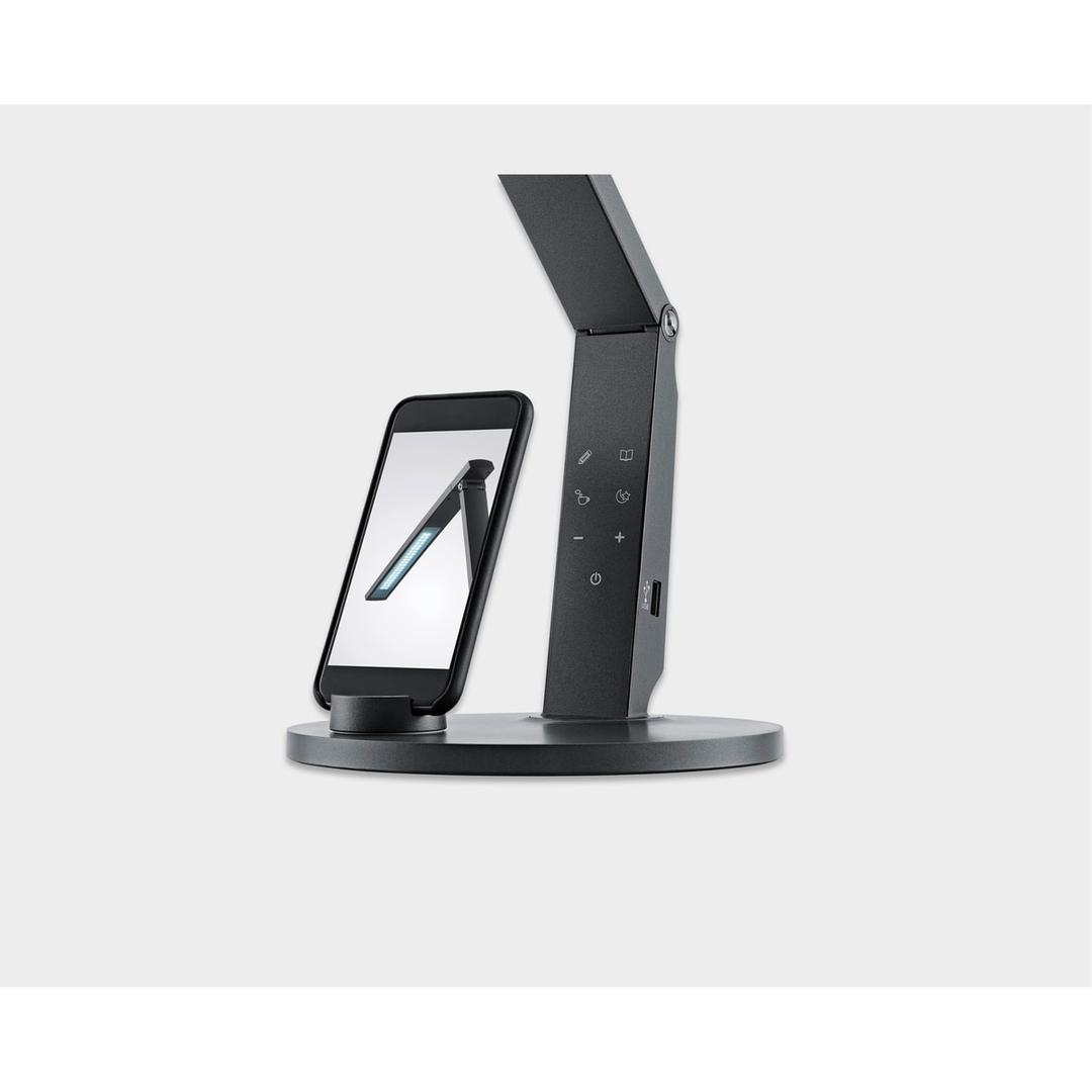 Lampe de bureau LED, 4 teintes et port USB Vario Plus anthracite HANSA - Lampe de bureau Hansa Vario Plus anthracite, téléphone sur le support magnétique