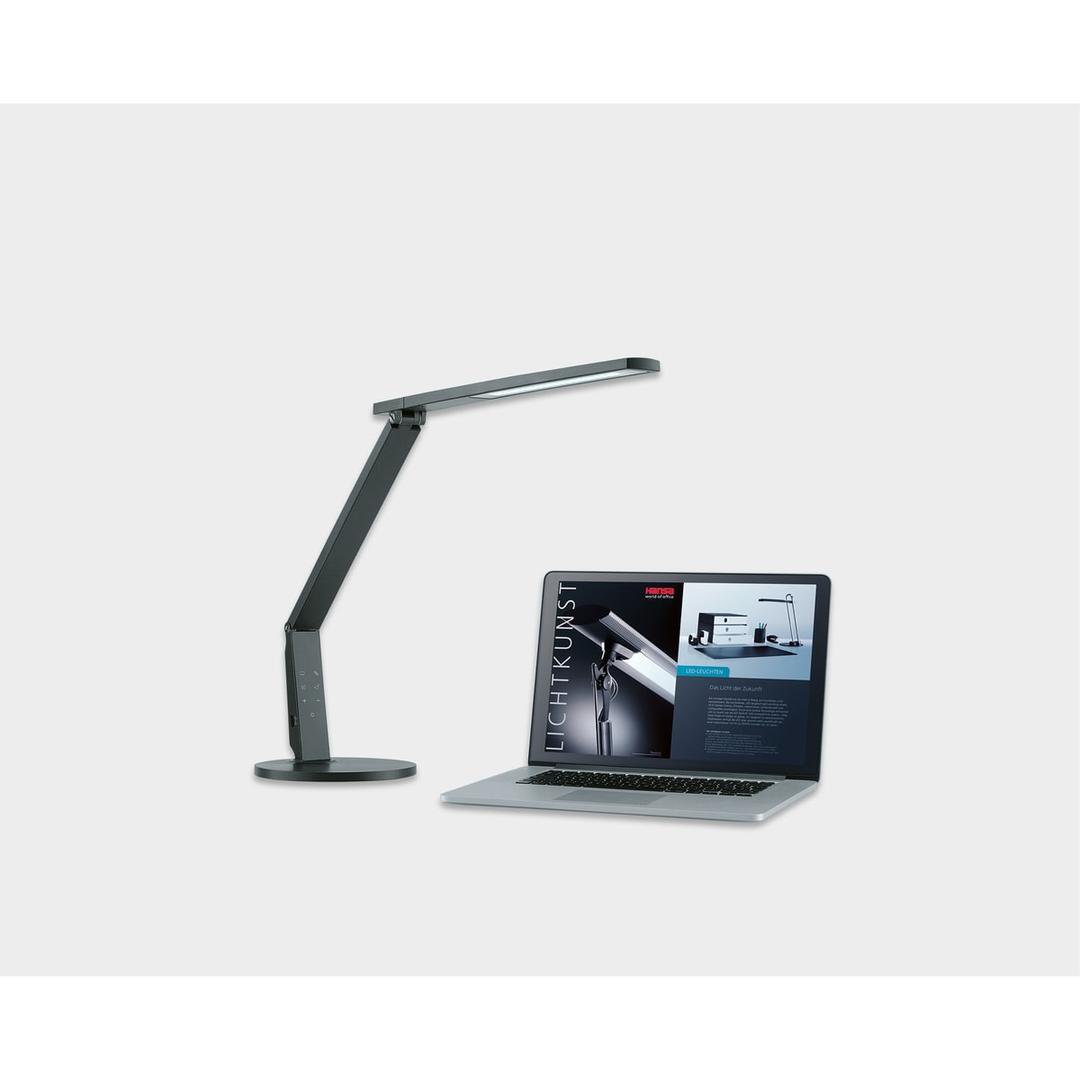 Lampe de bureau LED, 4 teintes et port USB Vario Plus anthracite HANSA - Lampe de bureau Hansa Vario Plus anthracite, à côté d'un ordinateur portable