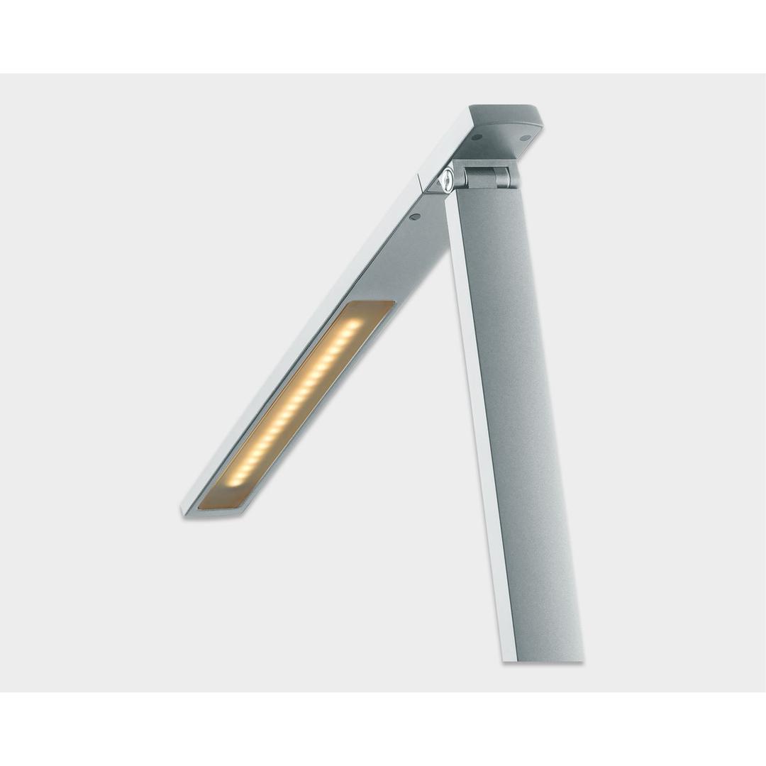 Lampe de bureau LED, 4 teintes et port USB Vario Plus argent HANSA - Lampe de bureau Hansa Vario Plus argent, tête allumée en lumière chaude