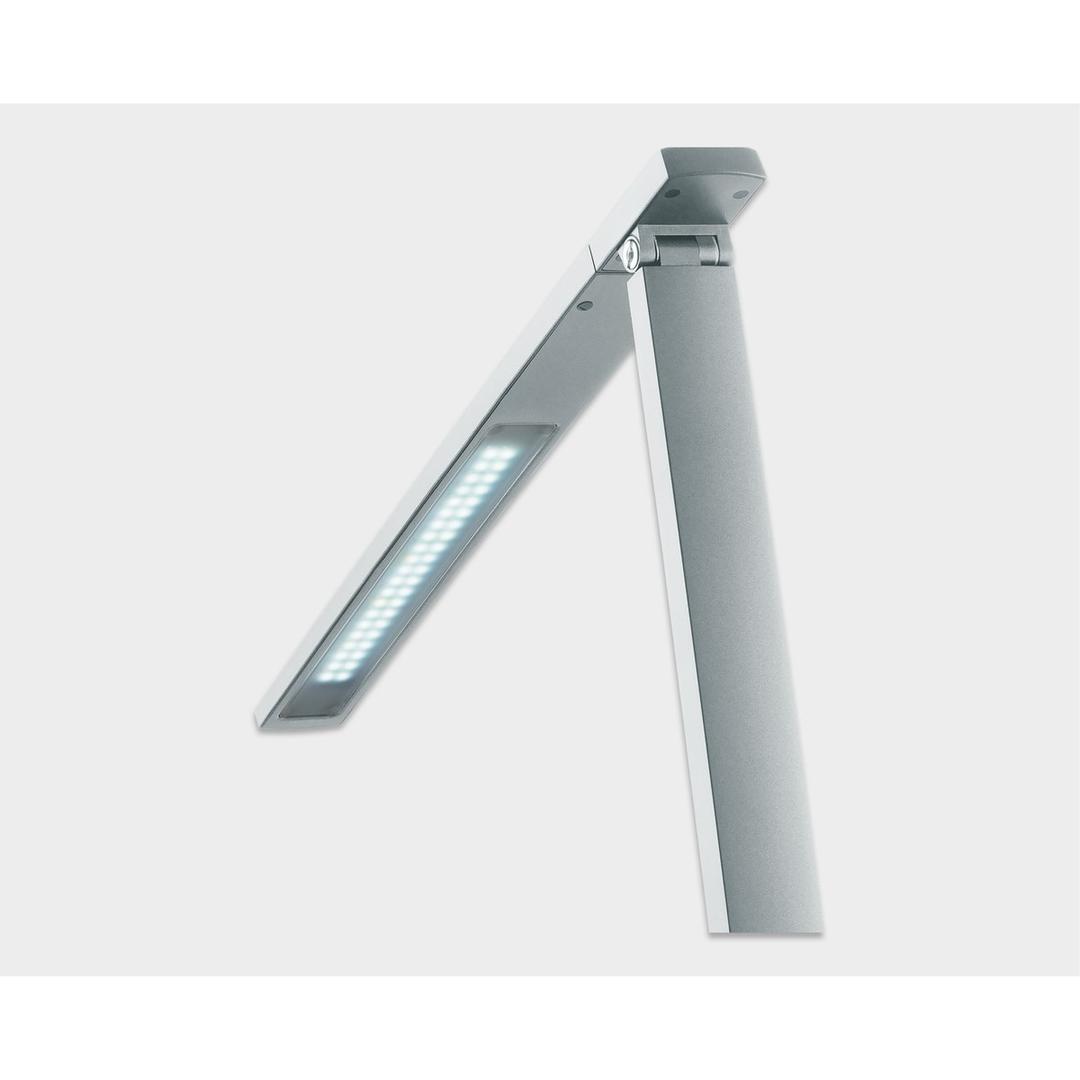 Lampe de bureau LED, 4 teintes et port USB Vario Plus argent HANSA - Lampe de bureau Hansa Vario Plus argent, tête allumée en lumière froide