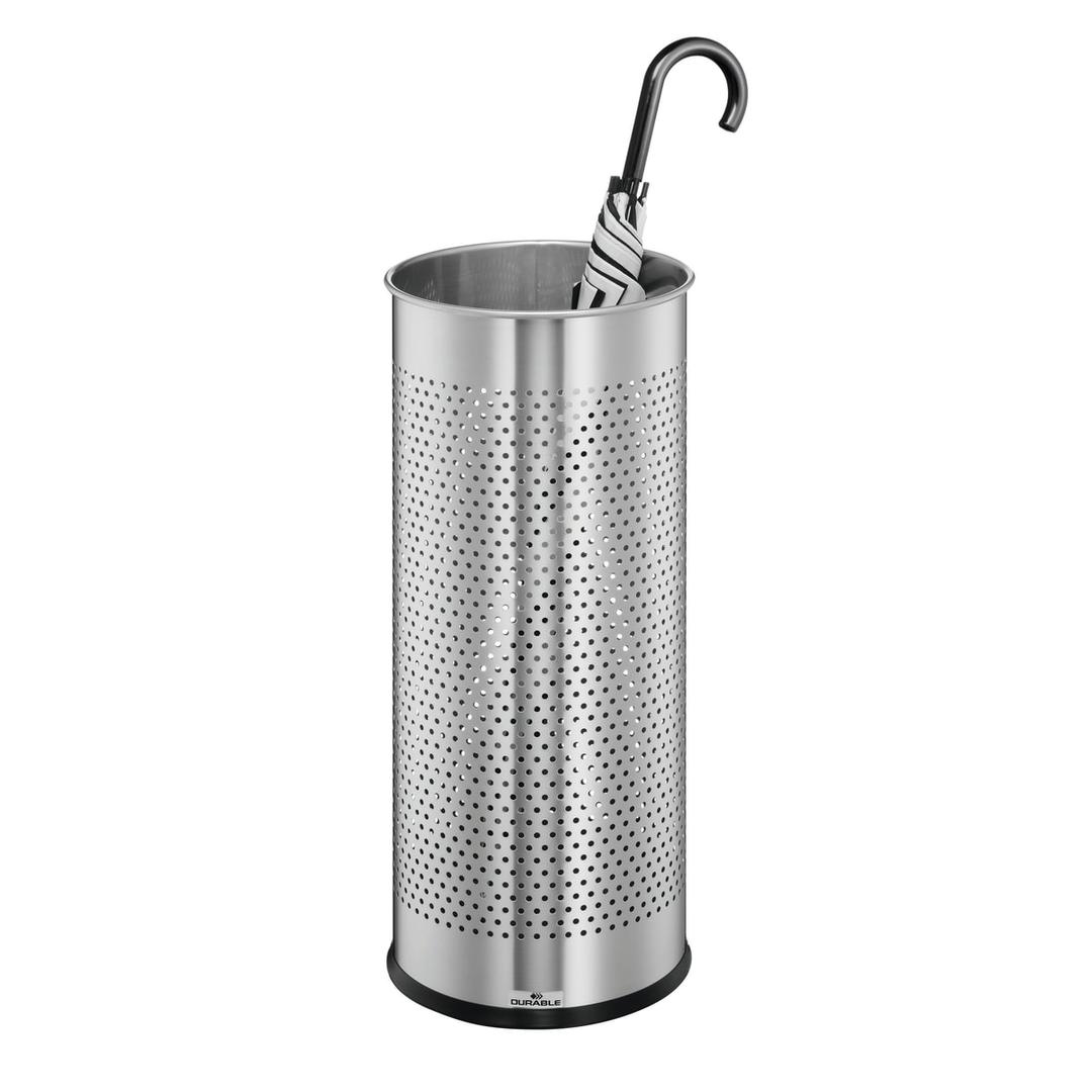 Porte-parapluies rond en inox, 28,5 litres rond ajouré inox DURABLE - Porte-parapluies rond en inox DURABLE rond ajouré inox, un parapluie posé