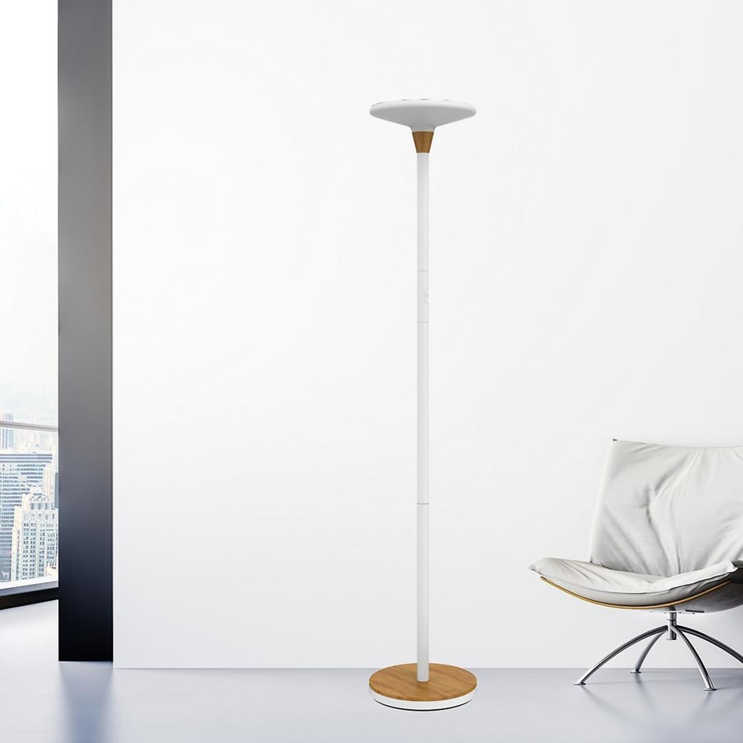 Lampadaire LED à éclairage indirect, acier et bambou BALY BAMBOO UNILUX - Lampadaire LED à éclairage indirect UNILUX BALY BAMBOO blanc et bambou, en situation dans un bureau