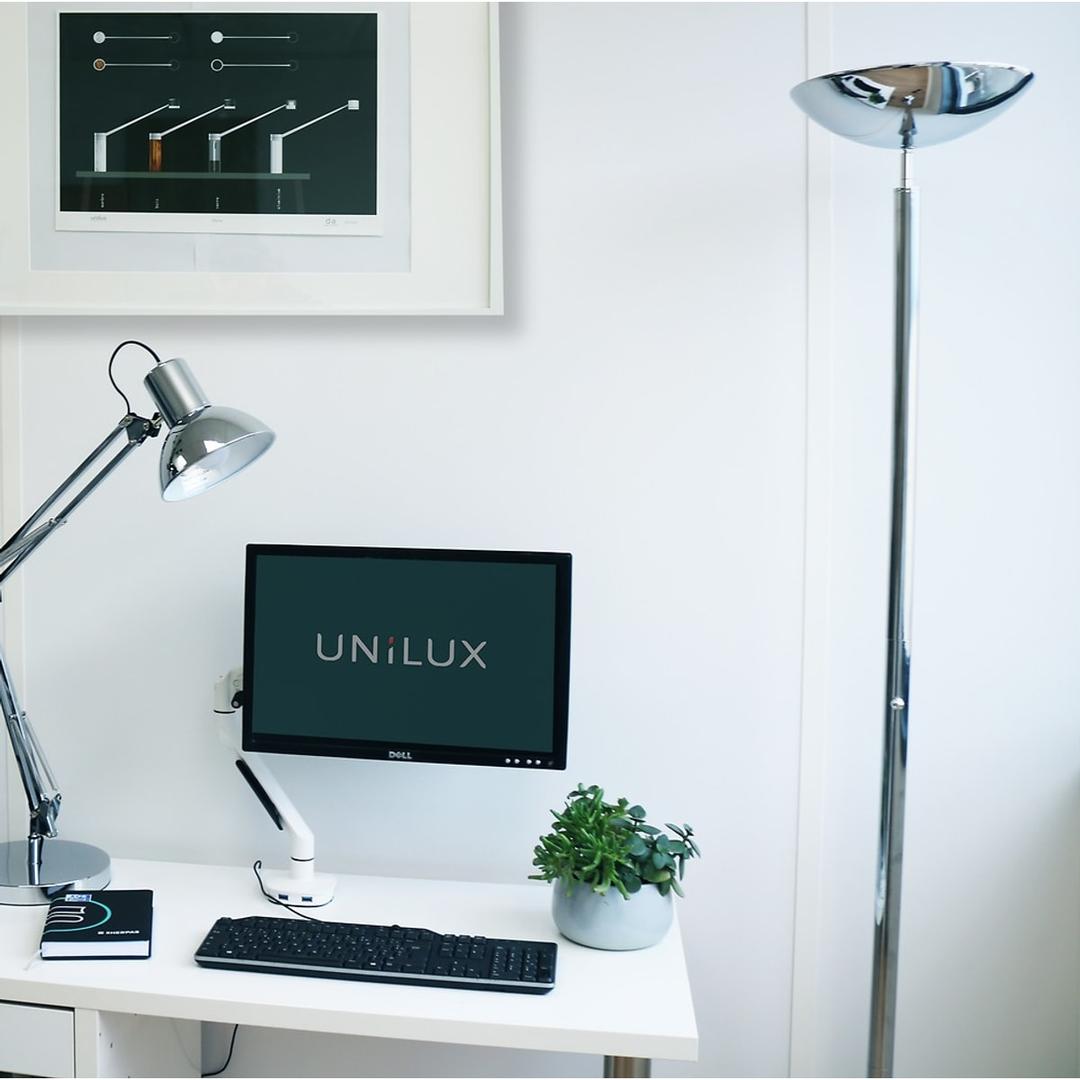 Lampadaire LED à éclairage indirect, mât droit DELY 2.0 UNILUX - Lampadaire LED à éclairage indirect UNILUX DELY 2.0 chrome, en situation dans un bureau