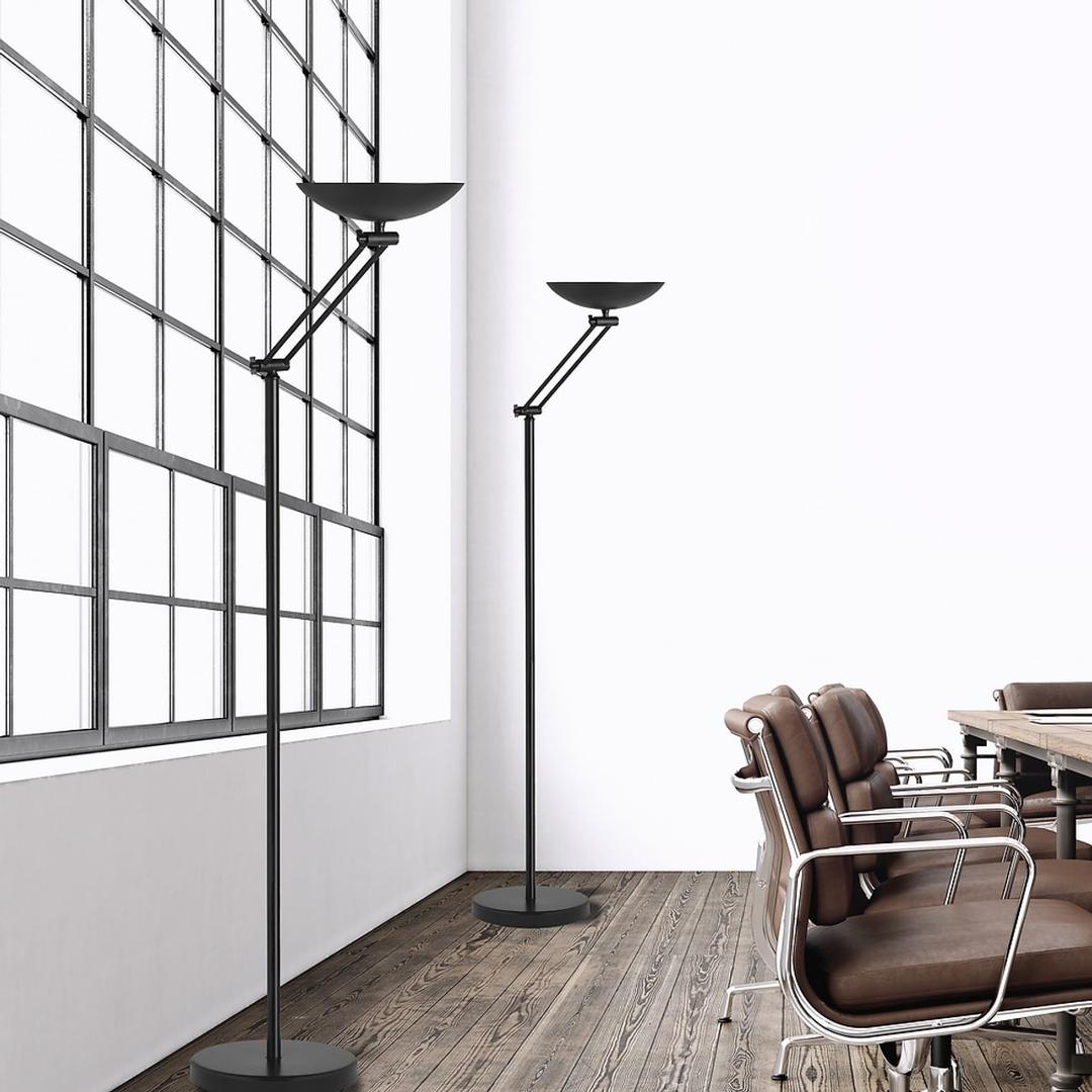 Lampadaire LED à éclairage indirect, mât articulé DELY 2.0 articulé UNILUX - Lampadaire LED à éclairage indirect UNILUX DELY 2.0 articulé noir, en situation dans un bureau