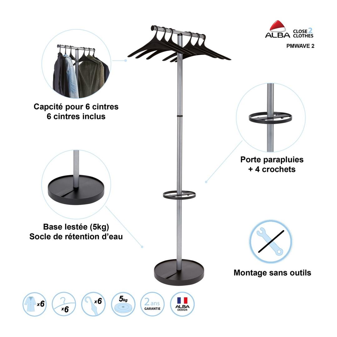 Portemanteau sur pied, 6 cintres fournis WAVE2 ALBA - Portemanteau sur pied ALBA WAVE2, caractéristiques en image