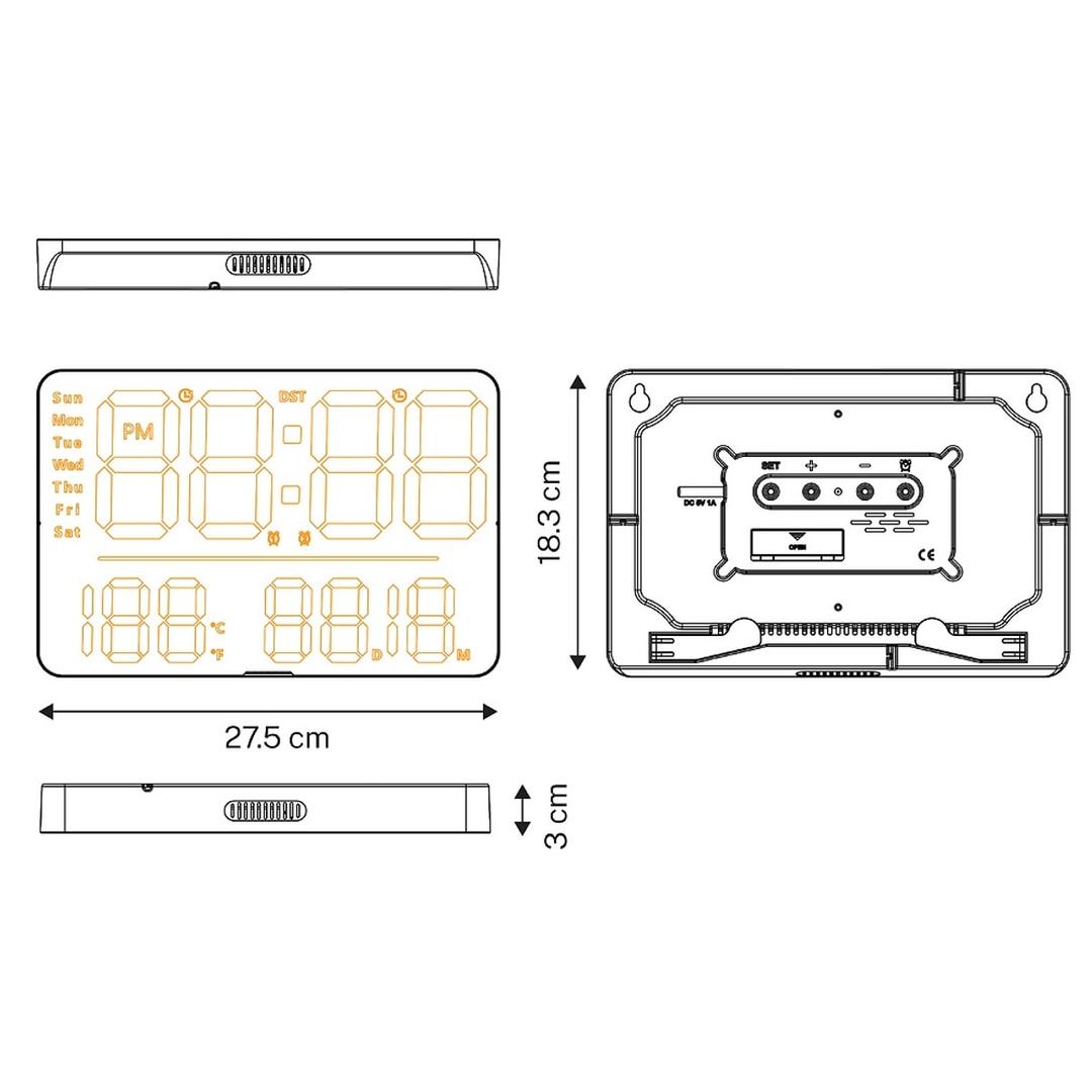 Horloge digitale LED, réveil et télécommande NUMI noir UNILUX - Horloge digitale LED UNILUX NUMI noir, dimensions