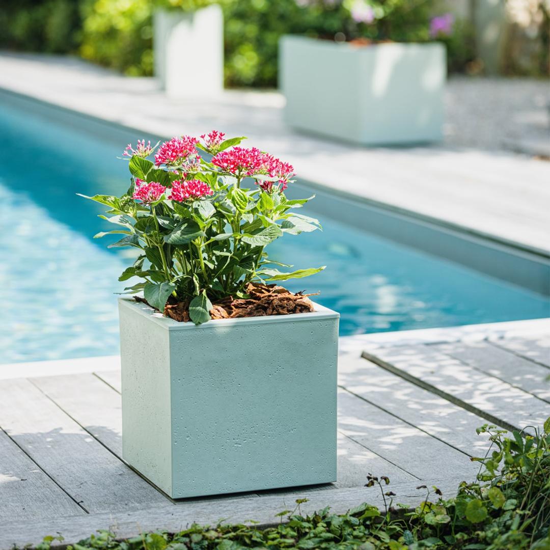 Bac à plantes carré, décor béton BASALT'UP carré 30 cm vert amande POÉTIC - Bac à plantes carré Poétic BASALT'UP carré 30 cm vert amande, en situation au bord d'une terrasse
