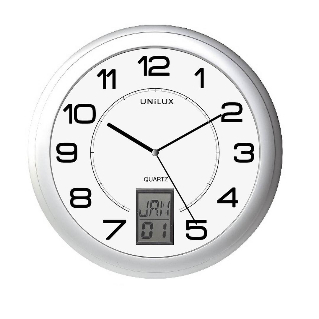 Horloge murale à dateur digital, Ø 31 cm INSTINCT gris métal UNILUX - Horloge murale à dateur digital UNILUX INSTINCT gris métal, vue d'ensemble