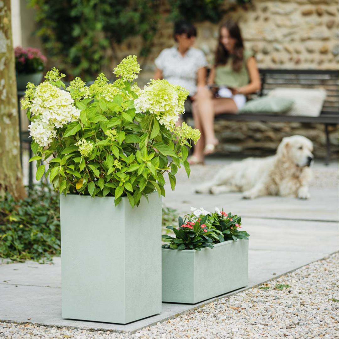 Colonne à plantes, décor béton BASALT'UP carré haut 50 cm vert amande POÉTIC - Colonne à plantes Poétic BASALT'UP carré haut 50 cm vert amande, en situation avec une jardinière